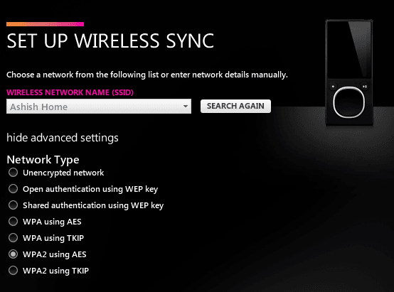 Zune setting up wireless sync advanced